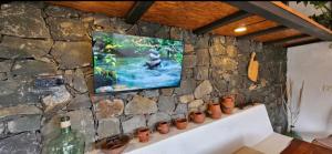 a tv hanging on a stone wall with pots on a shelf at Casa Tajaraste in Hermigua