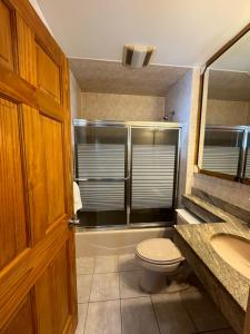 ein Bad mit einem WC und einem Waschbecken in der Unterkunft Royal Motel in Secaucus