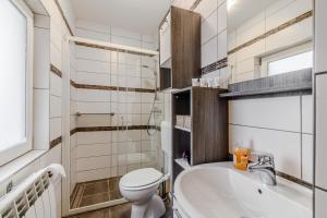 a bathroom with a toilet and a tub and a sink at Apartmaji Hosnar in Bovec