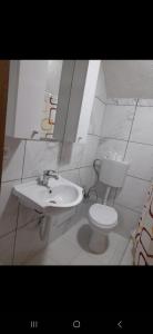 a bathroom with a white toilet and a sink at Breti's GuestHouse in Vusanje