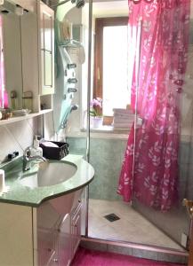 卡斯泰洛迪費耶美的住宿－Villa Indipendente，浴室配有水槽和带粉红色窗帘的淋浴