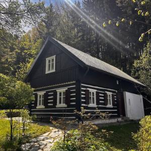 czarno-biały dom w lesie w obiekcie Roubenka Kryštofovo Údolí w mieście Kryštofovo Údolí