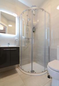 a bathroom with a shower with a toilet and a sink at Urban Nest Townhouse in Galway