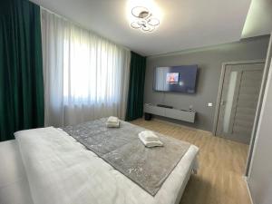 a bedroom with a large bed and a flat screen tv at The Nook in Sibiu +8 photos