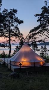 Glamping in the Trosa Archipelago في تروسا: خيمة في حقل مع أشجار في الخلفية