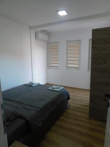 a bedroom with a bed and two windows at Apartments J&M in Ohrid