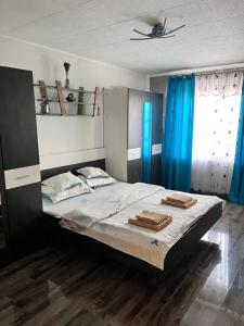 Schlafzimmer mit einem großen Bett und blauen Vorhängen in der Unterkunft Apartament Maria 1 in Băile Herculane