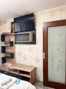 Zimmer mit einem Bett und einer Glasschiebetür in der Unterkunft Apartament Maria 1 in Băile Herculane