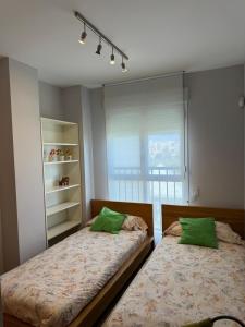 デニアにあるResidencial Aquamarinasのベッドルーム1室(ベッド2台、緑の枕付)