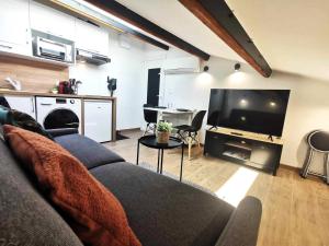 ein Wohnzimmer mit einem Sofa und einem Flachbild-TV in der Unterkunft Le Tropical l Calme l Clim l Parking gratuit in Istres