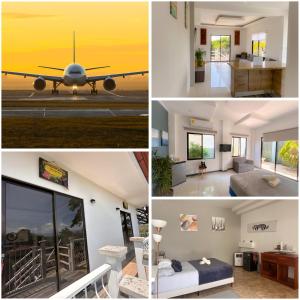 un collage de photos d'une maison avec un avion dans l'établissement Casa Garitas GuestHouse - Free SJO Airport Shuttle, à Santiago Este