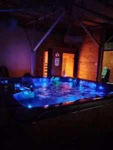 een hot tub in een kamer met blauwe verlichting bij Na Spokojnie in Jastarnia