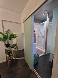 a room with a glass door and a mirror at Duplex 90m² + terrasse in Bayonne