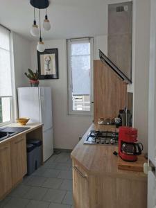 a kitchen with a stove and a refrigerator at Villa des roses, comme à la maison in Cherbourg en Cotentin +14 photos