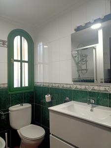 a green and white bathroom with a toilet and a sink at Bungalow en el sur de Gran Canaria in Las Palmas de Gran Canaria