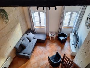 una vista aérea de una sala de estar con sofá y TV en La Garriguette charmant appartement 4 chambres au cœur d'Arles - calme & climatisé, en Arles