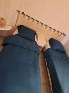 1 Schlafzimmer mit 2 Betten und blauen Kissen in der Unterkunft Charmant triplex familial au coeur du Pouliguen, proche de la plage et de la Baule in Le Pouliguen