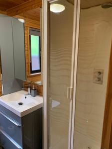een badkamer met een douche en een wastafel bij Corrie Lodge, Glendevon in Glendevon