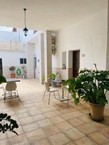 Habitación grande con plantas, mesa y sillas. en Patio de Los Barberos, en Valle de Abdalajís