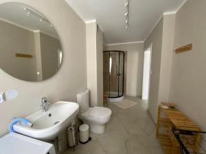 a bathroom with a sink and a toilet and a mirror at PrzyLądek Zdrój Bike Apart in Lądek-Zdrój