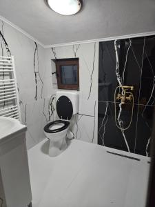 bagno con servizi igienici e pareti bianche e nere. di Cabana Cezar a Budureasa