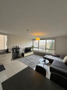 ein Wohnzimmer mit einem Sofa und einem TV in der Unterkunft Schöne Wohnung in zentraler Lage in Klagenfurt am Wörthersee
