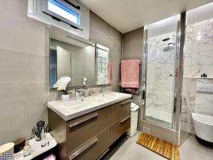 La salle de bains est pourvue d'un lavabo, d'une douche et de toilettes. dans l'établissement Jerickais Appartement à Rueil, à Rueil-Malmaison