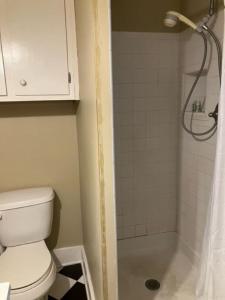 a small bathroom with a toilet and a shower at Cozy Solo Escape in Lafayette