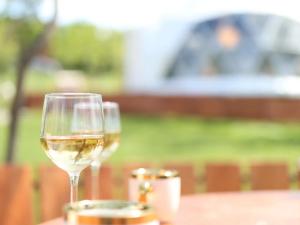 a glass of white wine sitting on a table at Cherry Glamping Vranic in Vranić