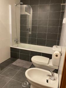 uma casa de banho com um WC, um lavatório e um chuveiro em PRECIOSO ATICO MONDARIZ em Mondariz