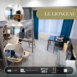Habitación con cama elevada y sala de estar. en Le Lionceau, Proche ville, Fibre&Netflix, Parking en Montbéliard