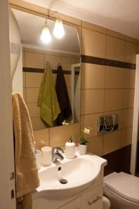 a bathroom with a sink and a toilet and a mirror at Happy House-Comfortable Apartment in Vathi Square in Meganisi