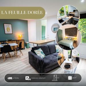 un collage de una sala de estar y un comedor en La Feuille Dorée, au calme, parking gratuit, en Belfort
