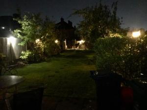 a yard lit up at night with lights at Clayton Home in Manchester