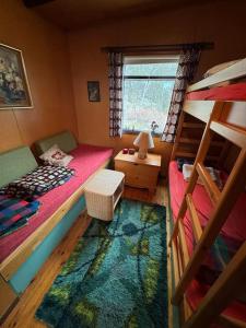 a bedroom with two bunk beds and a rug at Lovely retro cabin close to Geysir and Gullfoss in Selfoss
