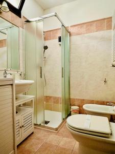 uma casa de banho com um chuveiro, um WC e um lavatório. em La casetta di Giulio II em Ostia Antica