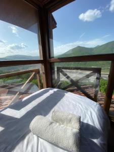 a bed with two pillows in a room with a window at Hotel Ananuri in Ananuri