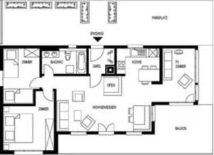 een zwart-witte plattegrond van een huis bij Paradiesli Steiger Lungern in Lungern