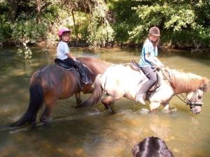 twee kinderen op paarden in een rivier bij Ferienwohnung mit Terrasse und Parkplatz - a78602 in Igersheim
