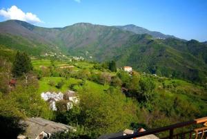 vistas a un valle con montañas en el fondo en Ferienhaus in Caregli mit Garten und Grill, en Borzonasca