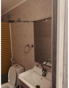 瓦迪拉姆的住宿－Rum Mere luxury camp，一间带水槽、卫生间和镜子的浴室