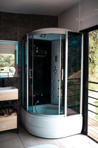 uma casa de banho com um chuveiro e uma porta de vidro em Gaia Elegancia Escarlata extra 2 em San Rafael