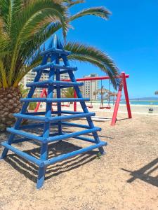 un parque infantil en la playa con una palmera en Departamentos Laguna del Mar, en La Serena