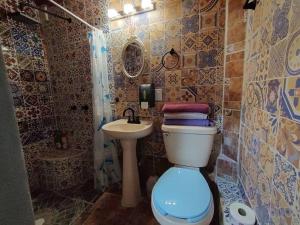 Baño pequeño con aseo y lavamanos en Hermosa Habitación La Estancia, en Tamasopo