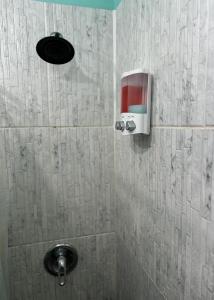 a shower with a soap dispenser on the wall at Denyse Home Cottage in Saint Johnʼs