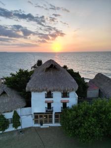 een wit gebouw met een rieten dak en de oceaan bij Cabaña Punta Coral in Rincón