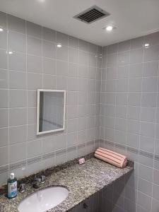 uma casa de banho com um lavatório e um espelho em Suíte Palace no Rio de Janeiro