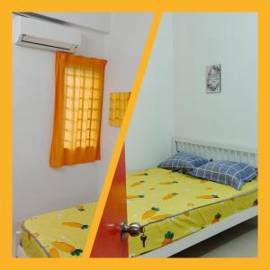 two pictures of a bedroom with a bed and a window at Homestay Lumut in Lumut