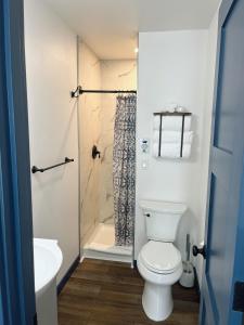 a bathroom with a toilet and a shower at Bugge Room 203, Hyland Hotel in Palmer
