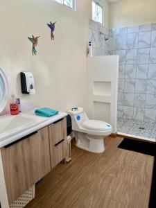 a bathroom with a toilet and a sink and a shower at Casa del Sol, Barra de Santiago in Barra de Santiago